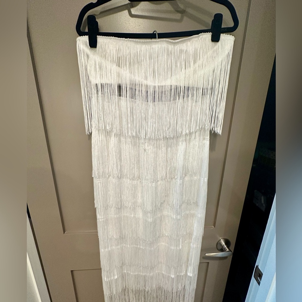 Showpo Two Piece Set - Fringe Strapless Crop Top and Midi Skirt in White